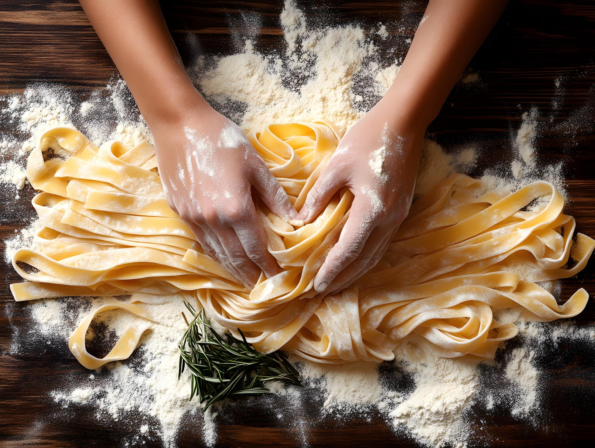 Hands preparing fresh pasta in a calm kitchen